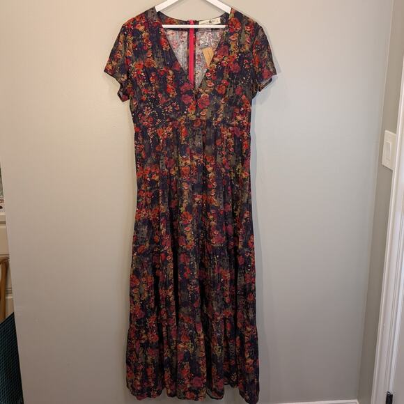 Natural Life Evangeline Maxi Tiered Dress Short Sleeve Lagenlook - Size L - Picture 1 of 6